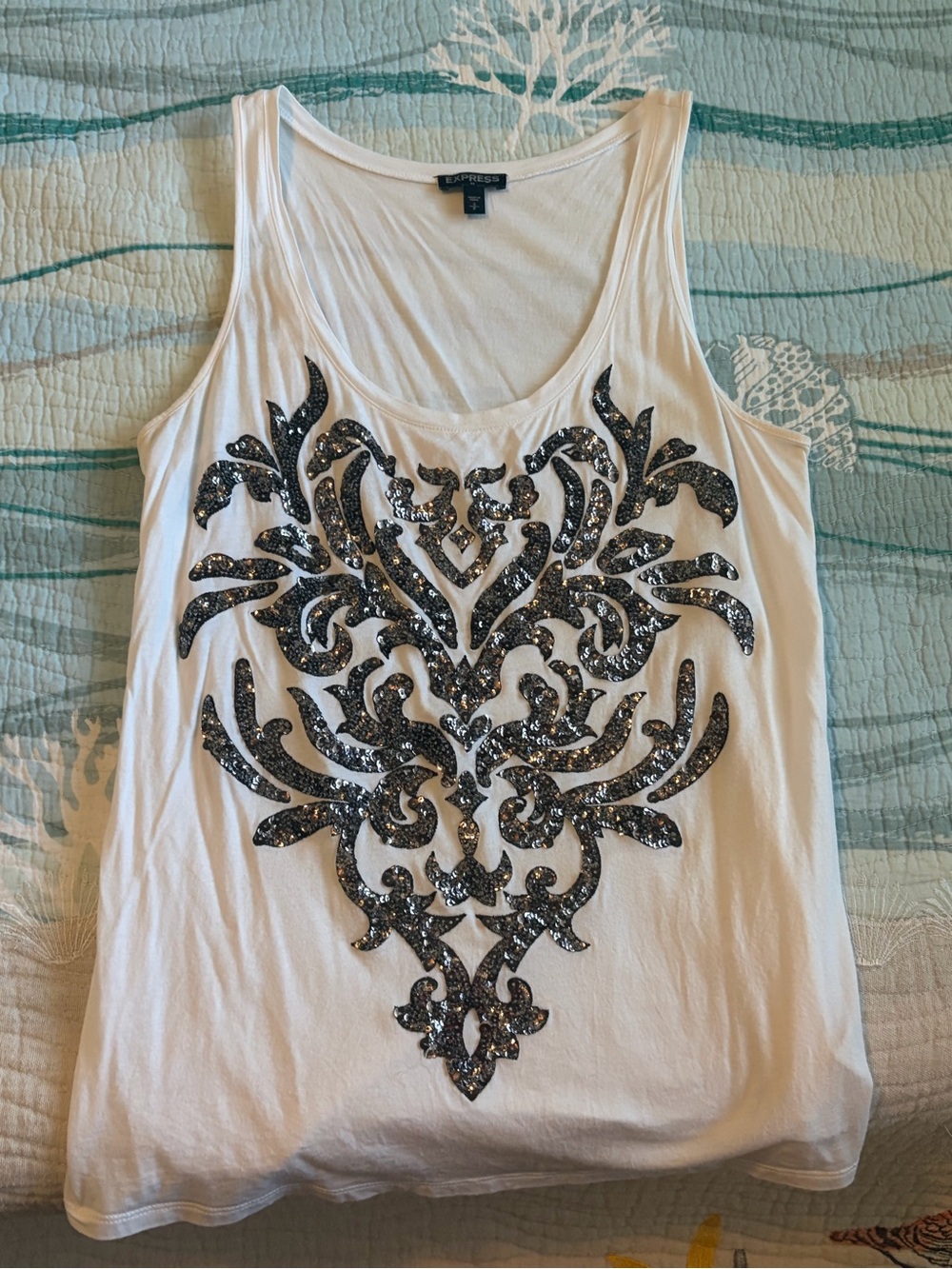 Express White Tank with Black Sequin Filigree Design